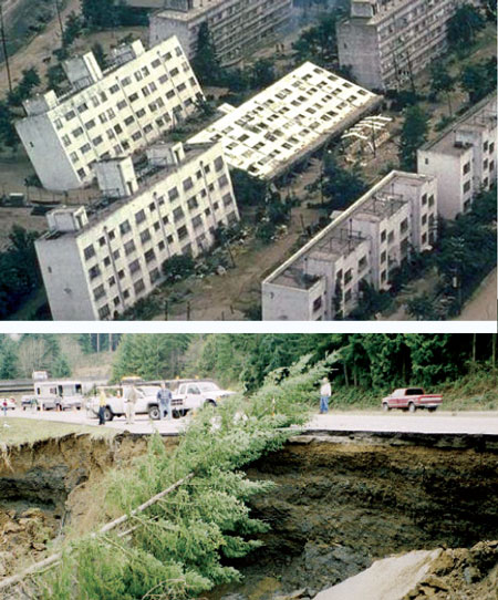collapsed buildings and landslide damage