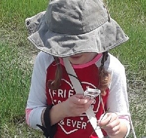 Young girl with hat and knapsack kneels on grass and looks at grass through plastic magnifying glass.