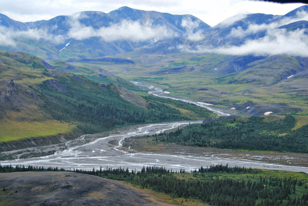 river valley with green trees and low hanging clouds