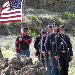 Timeline living history event - volunteers portraying Modoc War era soldiers at the closing ceremony of the event.
