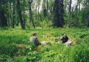 Archeologists testing a site in Kijik National Historic Landmark in 1998.