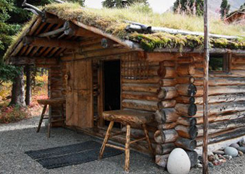 a log cabin with sod roof