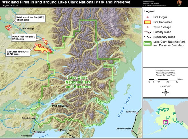 Map of Lake Clark showing the location of five fires to the west of the national preserve boundary.