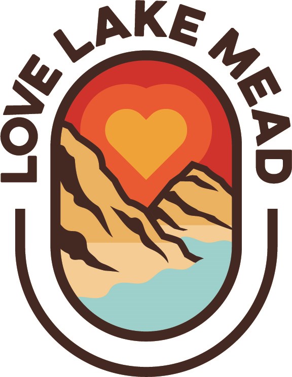 Love Lake Mead logo with water, mountains, and a sunset with a heart