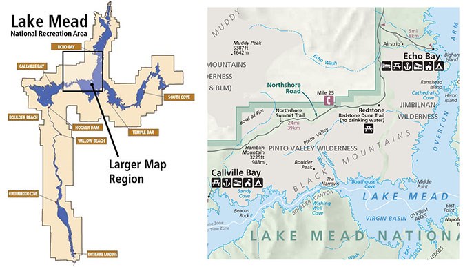 Map showing the location of the volcano, in the northwest section of Lake Mead.