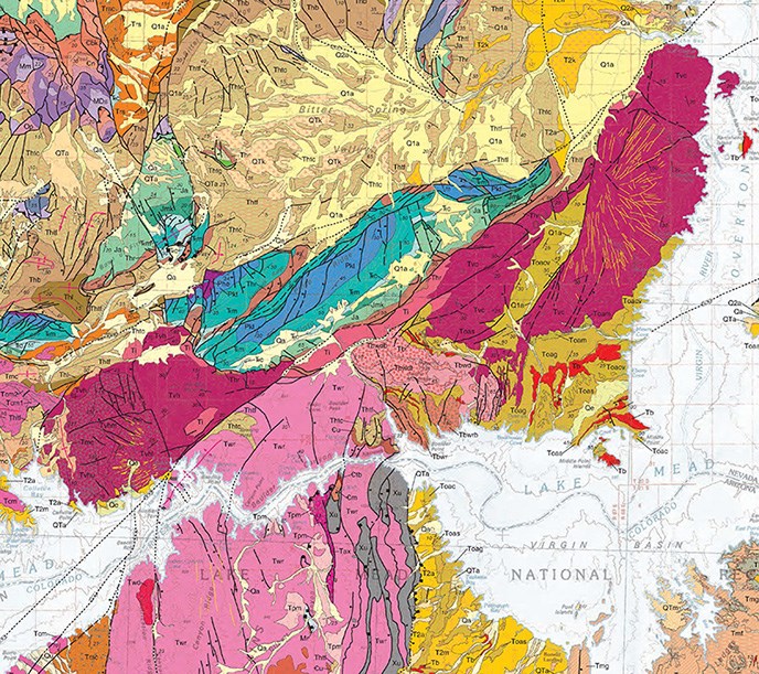 A color-coded topographical map of a section of Lake Mead.