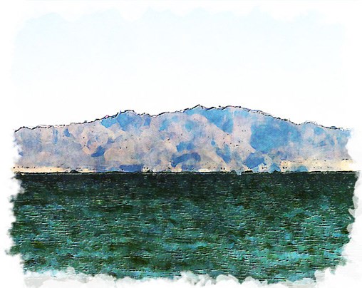 Painting of the Hamblin-Cleopatra Volcano seen from the water.