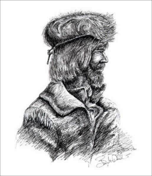 Line drawing of a man with a beard and long hair, wearing a fur hat