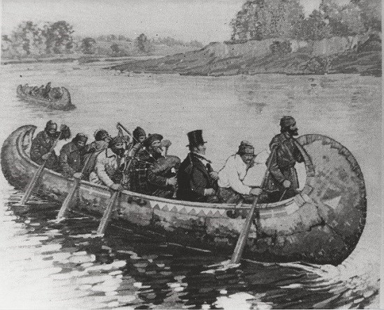 Workers (Voyageurs) paddling a canoe