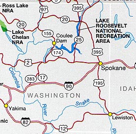Northeast section of Washington State Map showing Lake Roosevelt NRA