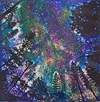 Painting of treetops against starry night sky