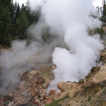 Terminal Geyser near Warner Valley.  Steam clouds rise as cold water seeps into a hot steam vent.
