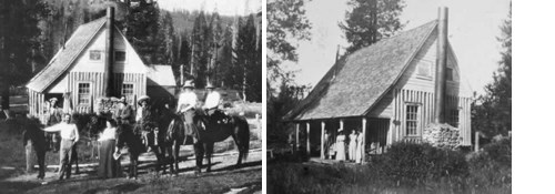 two black and white photos of rustic Drakesbad Lodge circa early 1900