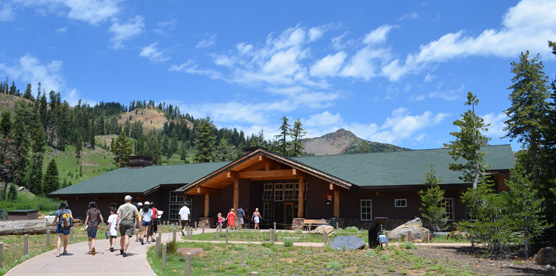 Visitors on a path to the Kohm Yah-mah-nee Visitor Center