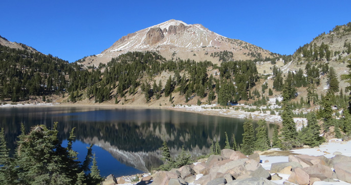 Lassen Peak and Lake Helen with a light dusting of snow