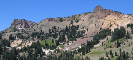 A hydrothermal areas steams below Pilot Pinnacle