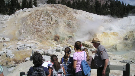 Visitors explore Bumpass Hell during a ranger-led program