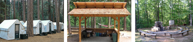 Example camp facilities include canvas tents, a cooking shelter, and a group fire ring.