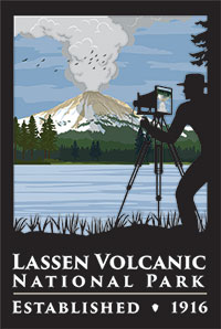 Centennial logo featuring man photographing Lassen Peak eruption.