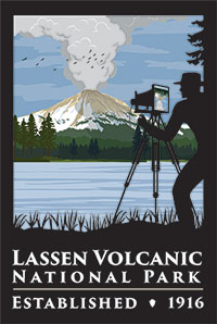 Centennial logo featuring man photographing Lassen Peak eruption. Centennial logo featuring man photographing Lassen Peak eruption.