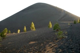 View of Cinder Cone and the trail climbing up the right side.