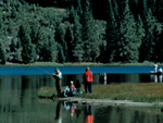 family fishing from the shore