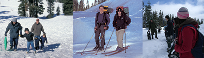 collage of snowshoers, backcountry skiers, and a family playing in the snow