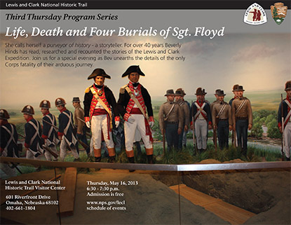 Event flyer for Third Thursday Program about Sgt Floyd burial by Bev Hinds