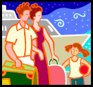 cartoon of travelers on vacation with luggage
