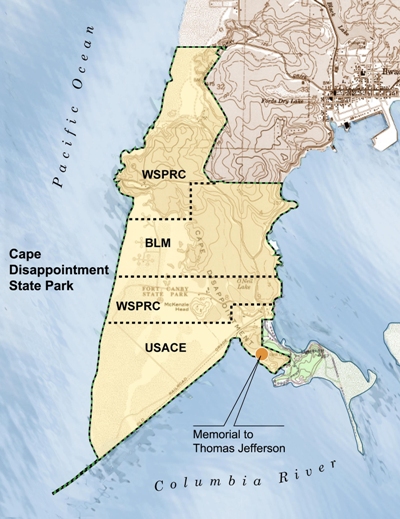 Location of Thomas Jefferson Memorial at Cape Disappointment State Park