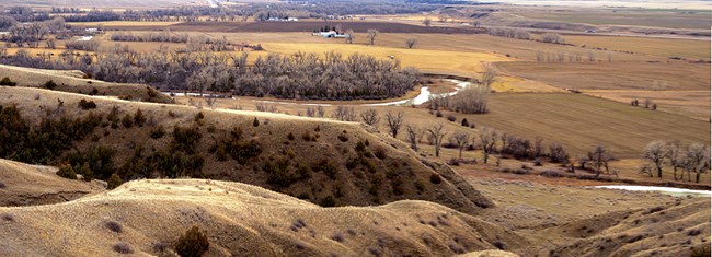Looking down the ravines toward the Little Bighorn River,