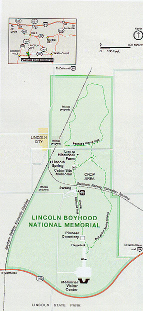A map of the trails at Lincoln Boyhood and a smaller map of the immediate area.
