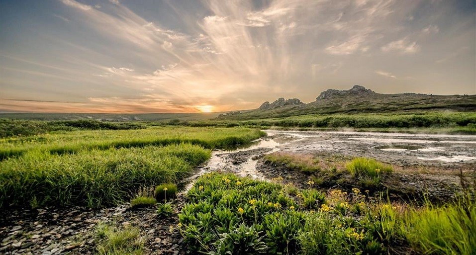 a grassy riverbed backdropped by granitic tors