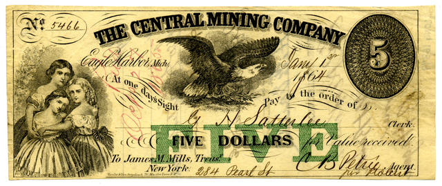 Privately issued currency, or scrip, from the Central Mining Company of Michigan, featuring a portrait of Longfellow's daughters.