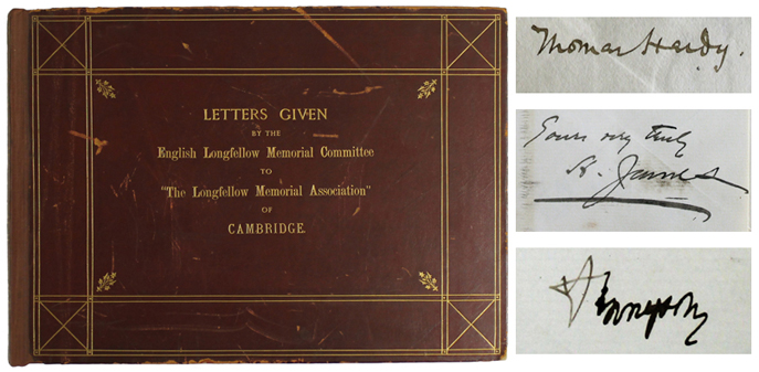 A book of collected letters from subscribers to the English Longfellow Memorial Association, along with some signatures from a few of the letters.