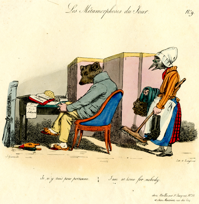 A hand colored lithograph from French caricaturist J.J. Grandville's 1829 work La Metamorphoses du Jour.