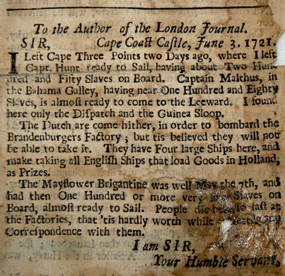1721 newspaper article about slave ships.
