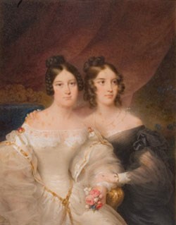 Double portrait of two young women, one in white and one in black