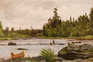 Painting of river landscape with trees on far shore, rowboat on near shore