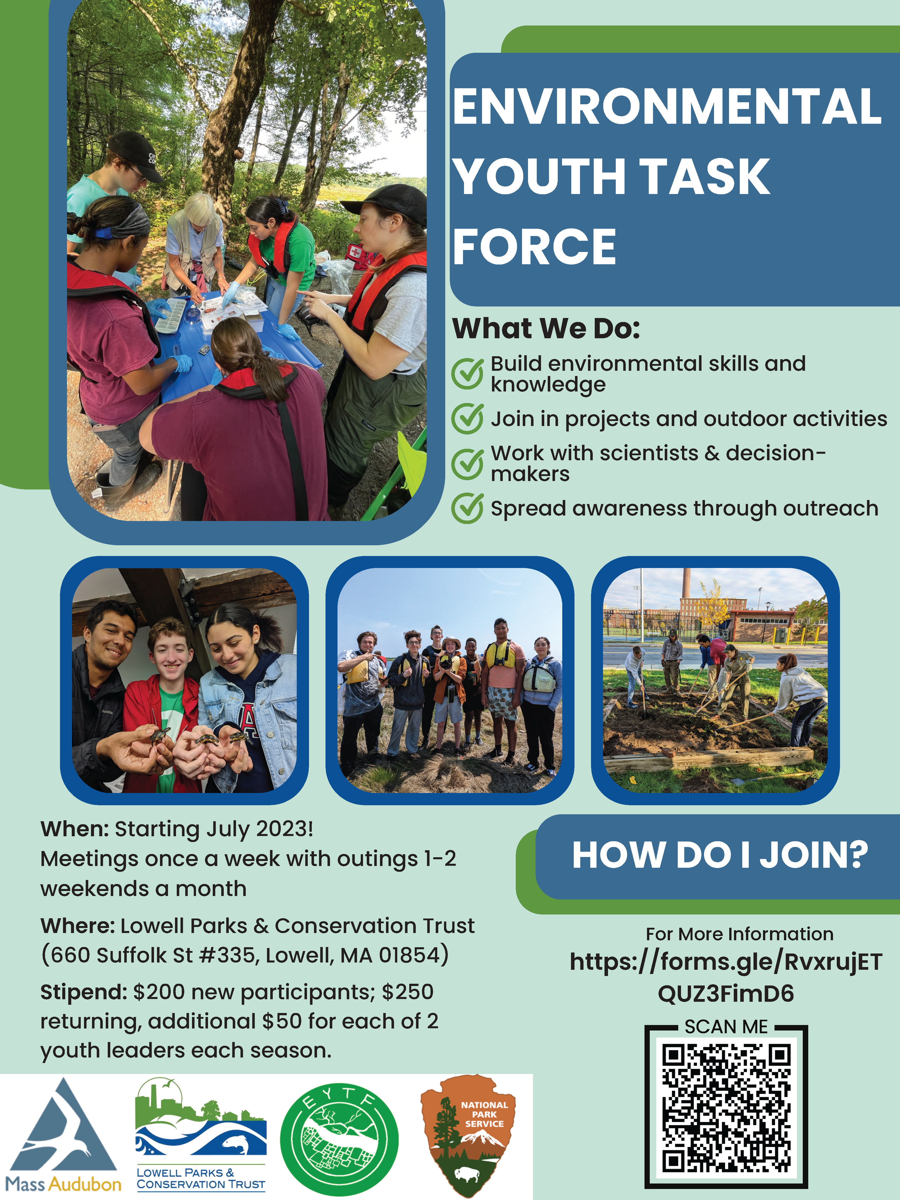 A flyer describing details about the EYTF program with a collage of photos depicting past participants working throughout the park.