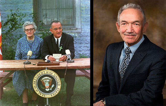 (left) Kate Deadrich sits besides President Johnson at the signing of the Elementary and Secondary Education Act (right) Portrait of Dr. Randall Woods