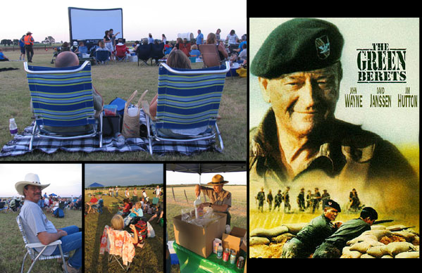 Pictures of visitors enjoying Movies Under the Stars plus "Green Beret" poster
