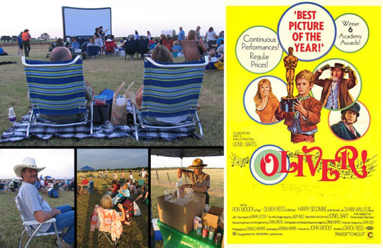 Visitors enjoying popcorn and soda as they prepare to watch a movie at the LBJ Ranch/Movie poster for <i>Oliver!</i>