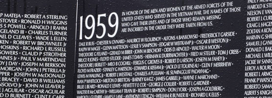 A closeup of some of the names on the Moving Wall, a replica of the Vietnam Veterans Memorial