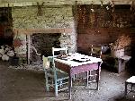 old table and chairs near rock fireplace