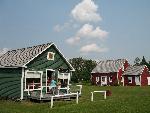 small green and red buildings