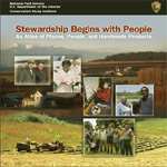 Cover of new publication showing a collage of photographs. The background photograph is a blend of mountain scenery and farmland with people haying. In the foreground are five pictures of people featured in the publication.