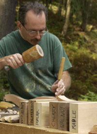 A man in a green shirt holds a wooden tool in each hand; in front of him are blocks of various kinds of wood: maple, walnut, cherry, poplar.