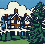 A stylized and brightly-colored sketch of the three-story brick mansion. A large Norway Spruce stands to the right of the Mansion. NPS.