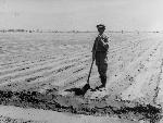 Man stands with shovel by ditch in field